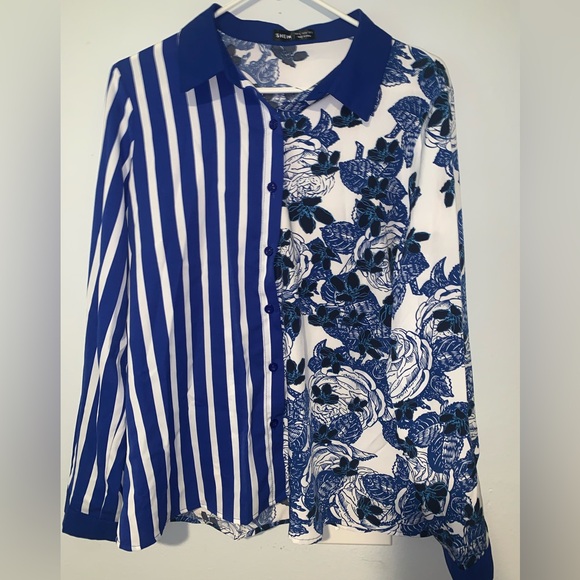 Striped floral print button up  blouse - Picture 1 of 3